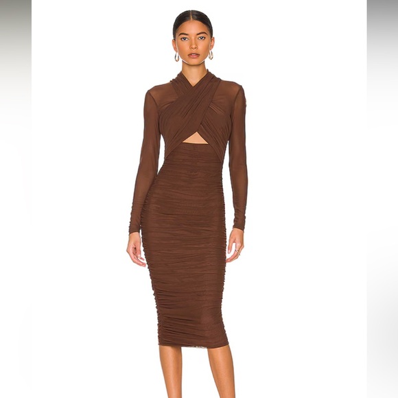 Bardot Dresses & Skirts - Bardot Aliyah Chocolate Long Sleeve Ruched Dress NWT